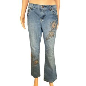 Mixit Embroidered Jeans Boho Revival SZ 10P Peacock Design Cropped Mid Rise